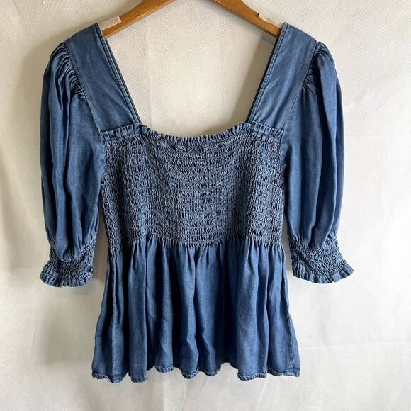 K/Lab Smocked Bodice Tencel Denim Blouse Size Small - Picture 2 of 11